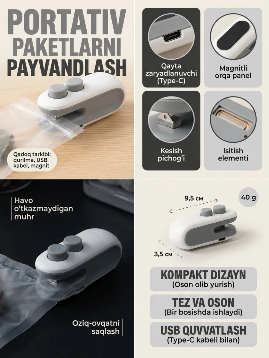 Portativ mini-zapayshchik (paket yopuvchi) – 2 tasi 1 da (yopish va kesish) - 