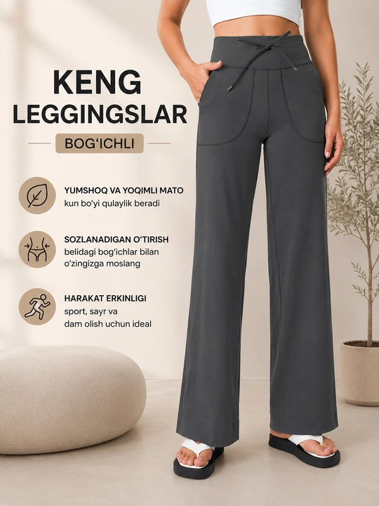 Ayollar uchun keng sport shim, yuqori belli palazzo leggings, bog‘ichli yoga shim - 
