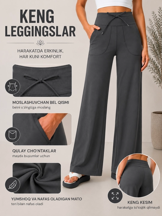 Ayollar uchun keng sport shim, yuqori belli palazzo leggings, bog‘ichli yoga shim