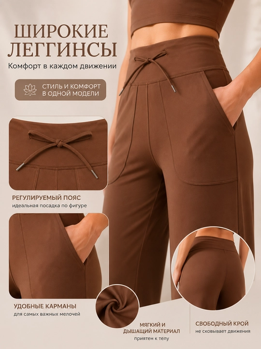 Ayollar uchun keng sport shim, yuqori belli palazzo leggings, bog‘ichli yoga shim
