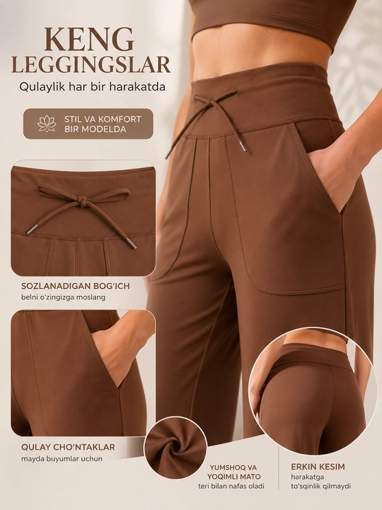 Ayollar uchun keng sport shim, yuqori belli palazzo leggings, bog‘ichli yoga shim
