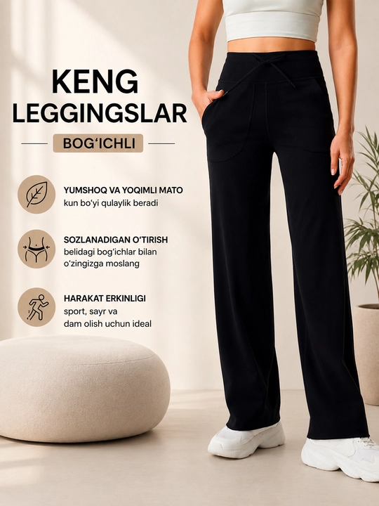 Ayollar uchun keng sport shim, yuqori belli palazzo leggings, bog‘ichli yoga shim
