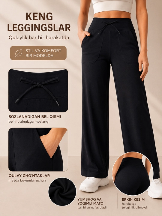 Ayollar uchun keng sport shim, yuqori belli palazzo leggings, bog‘ichli yoga shim