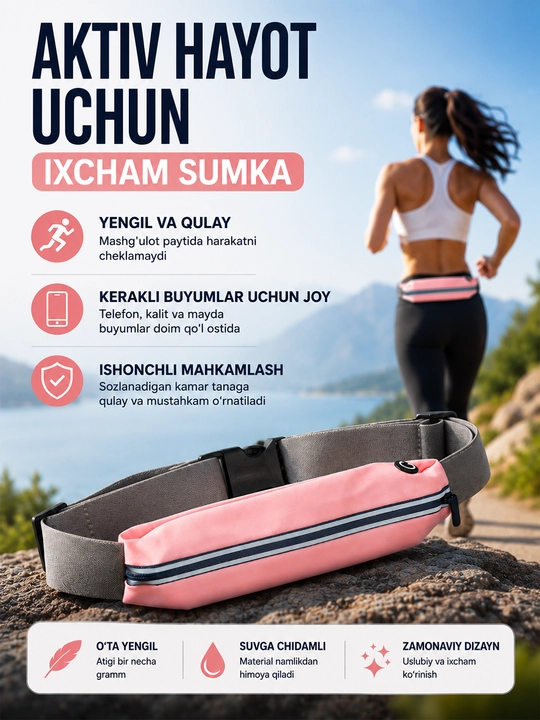 Yugurish uchun bel sumkasi, sport waist bag, telefon va kalitlar uchun suvga chidamli