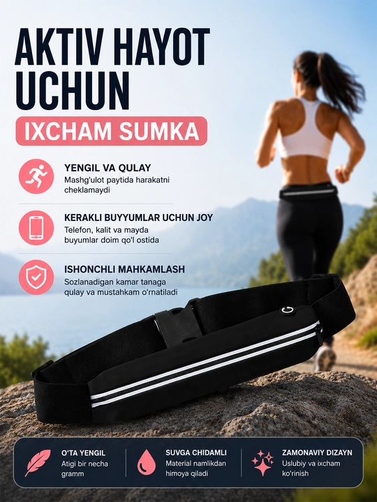 Yugurish uchun bel sumkasi, sport waist bag, telefon va kalitlar uchun suvga chidamli