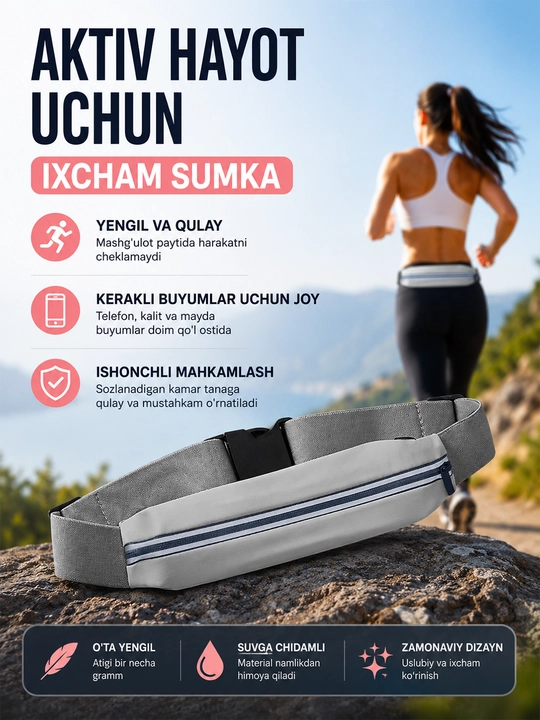 Yugurish uchun bel sumkasi, sport waist bag, telefon va kalitlar uchun suvga chidamli