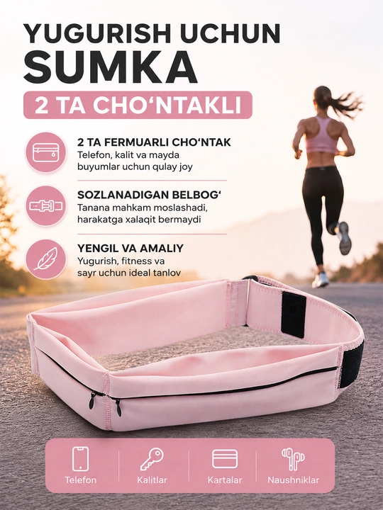 Поясная сумка для бега с двумя карманами, спортивный running belt для телефона, ключей