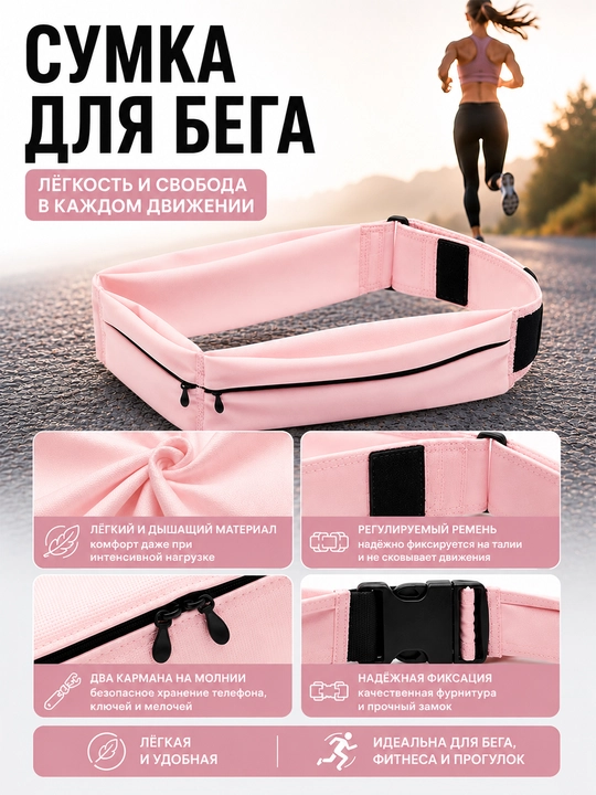 Поясная сумка для бега с двумя карманами, спортивный running belt для телефона, ключей
