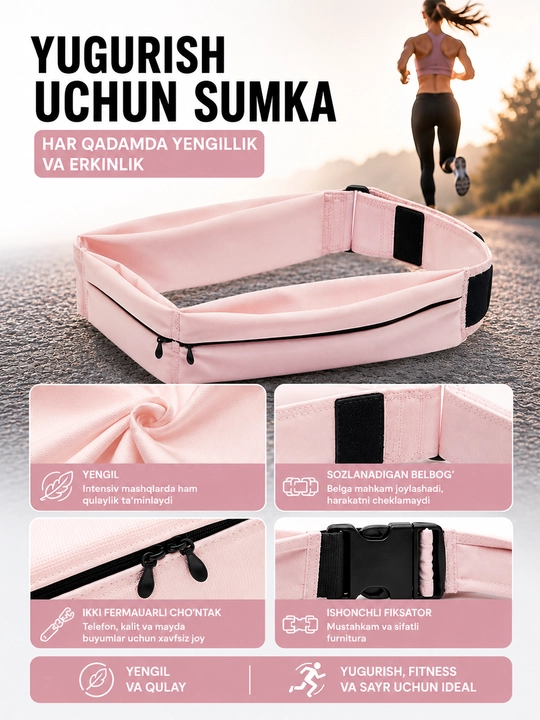Поясная сумка для бега с двумя карманами, спортивный running belt для телефона, ключей