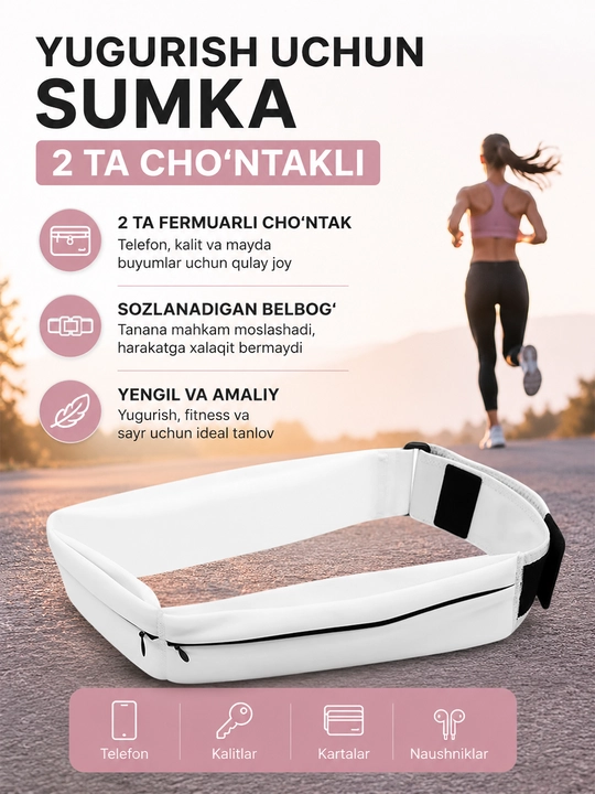 Ikki cho‘ntakli yugurish uchun bel sumkasi, sport waist bag, telefon va kalitlar