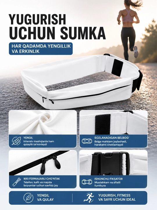 Ikki cho‘ntakli yugurish uchun bel sumkasi, sport waist bag, telefon va kalitlar
