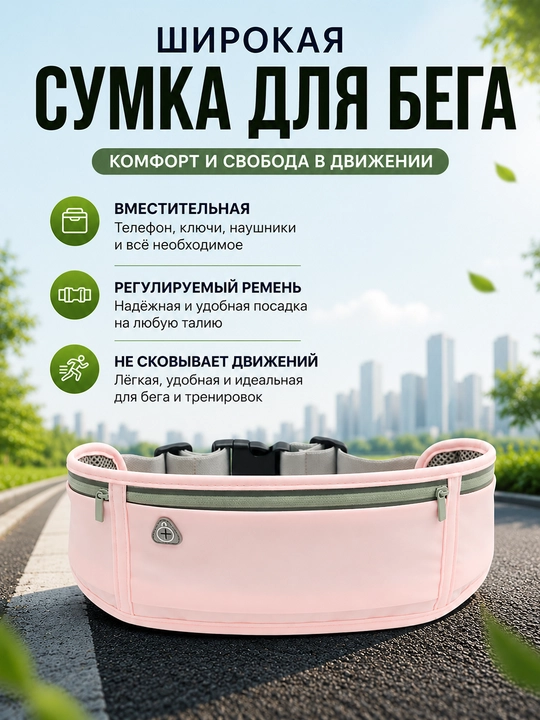 Широкая поясная сумка для бега, вместительный running belt для телефона, ключей иаксессуаров - 