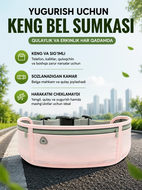 Keng sport bel sumkasi, yugurish uchun running belt, telefon va aksessuarlar uchun
