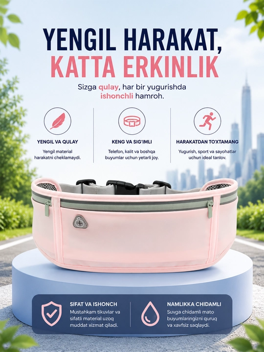 Keng sport bel sumkasi, yugurish uchun running belt, telefon va aksessuarlar uchun