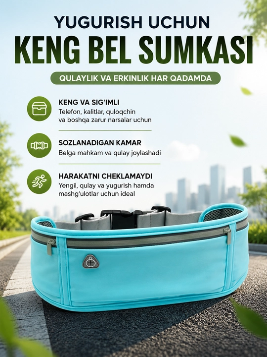 Keng sport bel sumkasi, yugurish uchun running belt, telefon va aksessuarlar uchun