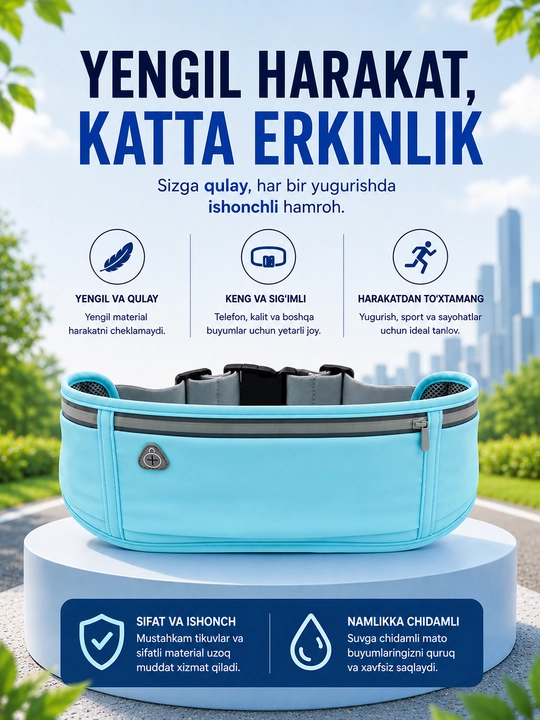 Keng sport bel sumkasi, yugurish uchun running belt, telefon va aksessuarlar uchun
