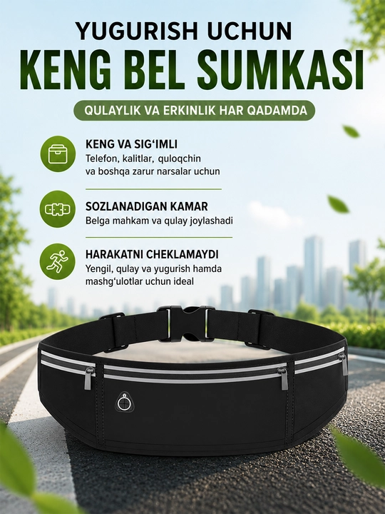 Keng sport bel sumkasi, yugurish uchun running belt, telefon va aksessuarlar uchun