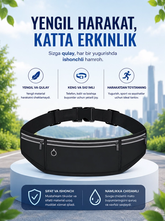 Keng sport bel sumkasi, yugurish uchun running belt, telefon va aksessuarlar uchun