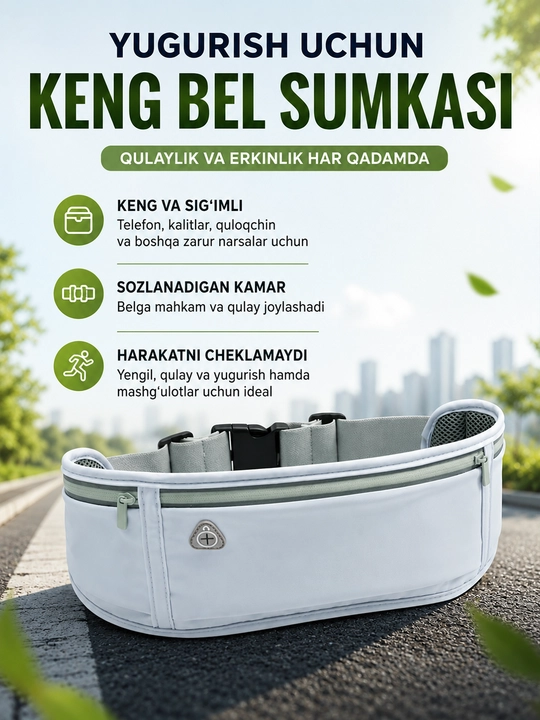 Keng sport bel sumkasi, yugurish uchun running belt, telefon va aksessuarlar uchun