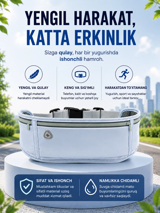 Keng sport bel sumkasi, yugurish uchun running belt, telefon va aksessuarlar uchun