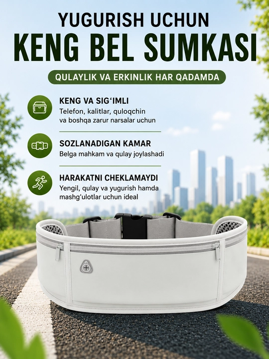 Keng sport bel sumkasi, yugurish uchun running belt, telefon va aksessuarlar uchun