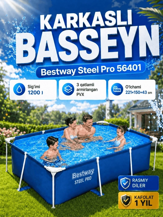 Bestway 56401 karkasli basseyn, to‘g‘ri burchakli, 1200 l, uch qatlamli PVX - 