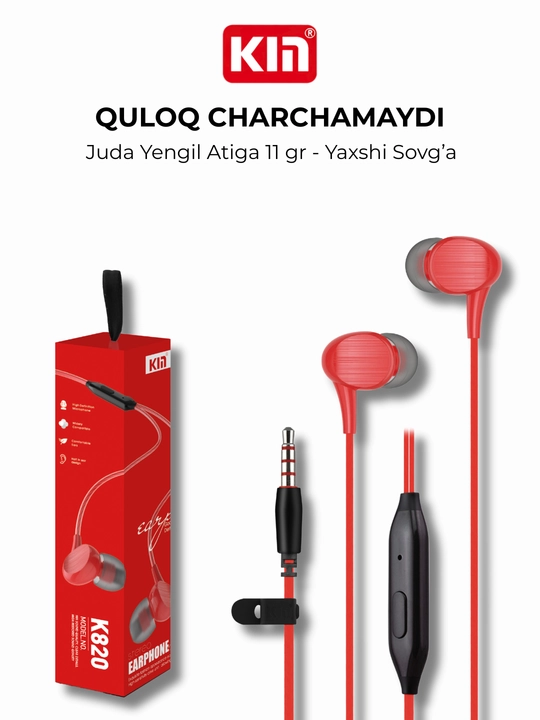 Simli quloqchinlar KIN K820, 3,5 mm, mikrofonli, 32O m, telefon uchun vkladishlar