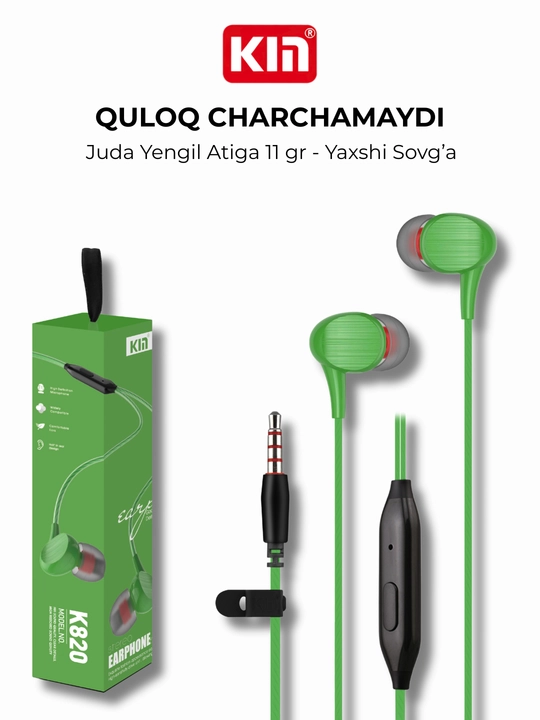 Simli quloqchinlar KIN K820, 3,5 mm, mikrofonli, 32O m, telefon uchun vkladishlar