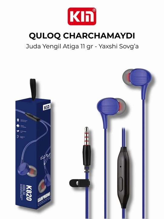 Simli quloqchinlar KIN K820, 3,5 mm, mikrofonli, 32O m, telefon uchun vkladishlar