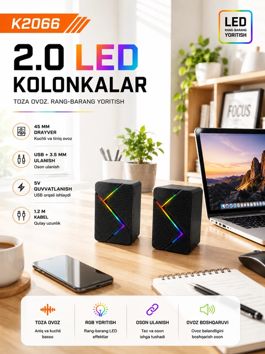 K2066 2.0 LED Kolonkalar RGB yoritishli kompyuter karnayi