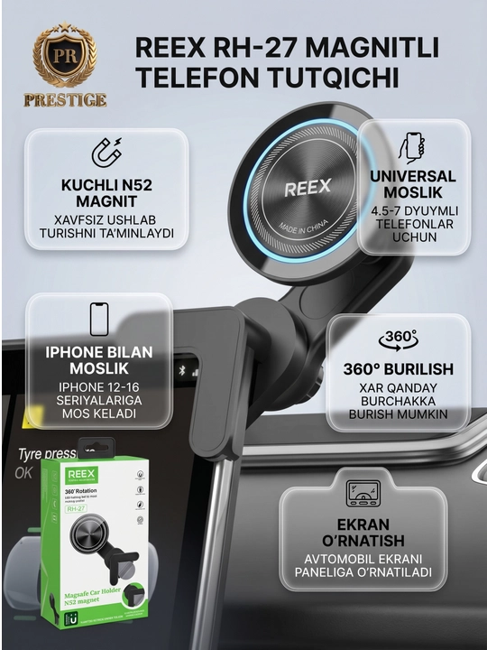 BYD va elektromobillar uchun avtomobil monitoriga mo‘ljallangan REEX RH-27 MagSafe magnitli telefon tutqichi - 