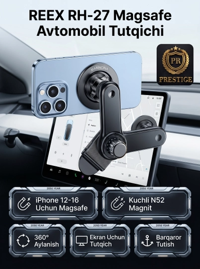 BYD va elektromobillar uchun avtomobil monitoriga mo‘ljallangan REEX RH-27 MagSafe magnitli telefon tutqichi