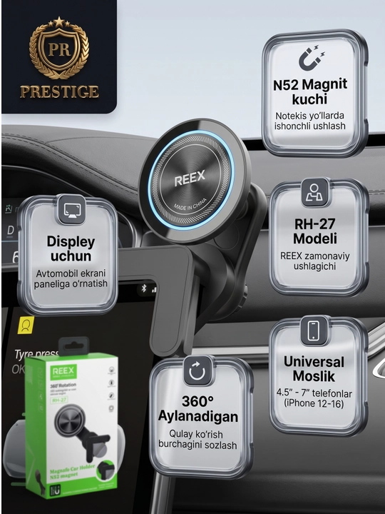BYD va elektromobillar uchun avtomobil monitoriga mo‘ljallangan REEX RH-27 MagSafe magnitli telefon tutqichi