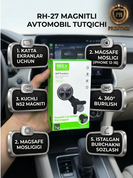 BYD va elektromobillar uchun avtomobil monitoriga mo‘ljallangan REEX RH-27 MagSafe magnitli telefon tutqichi