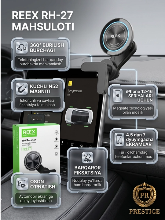 BYD va elektromobillar uchun avtomobil monitoriga mo‘ljallangan REEX RH-27 MagSafe magnitli telefon tutqichi