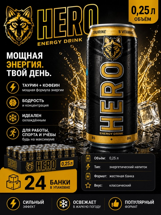 Энергетический напиток HERO Classic 0,25 л — 24 банки - 