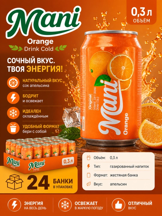 Mani Orange gazlangan ichimligi 0,3 l — 24 dona banka - 