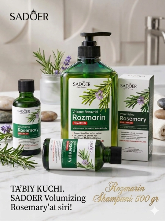 Sochlarni mustahkamlash va o‘stirish uchun rozmarin shampun va SADOER moyi, 500 ml