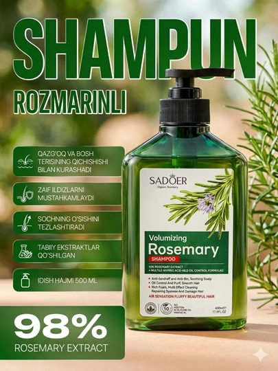 Sochlarni mustahkamlash va o‘stirish uchun rozmarin shampun va SADOER moyi, 500 ml