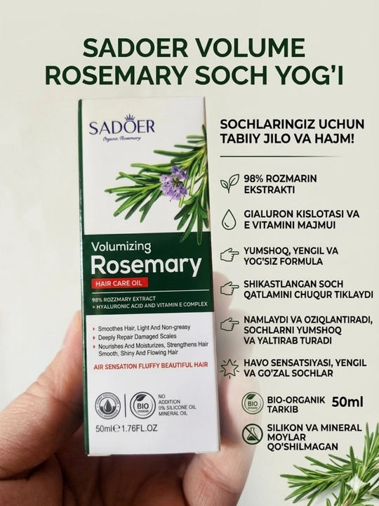 Sochlarni mustahkamlash va o‘stirish uchun rozmarin shampun va SADOER moyi, 500 ml