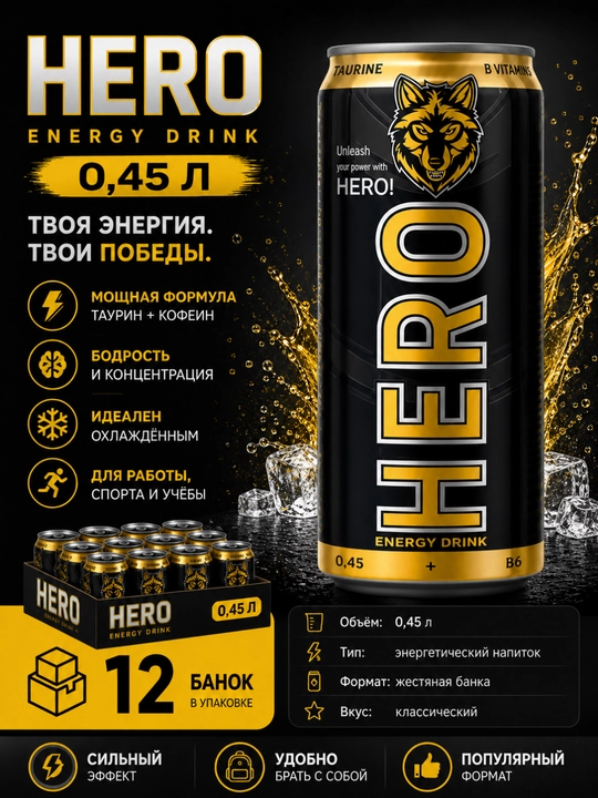 HERO Classic energetik ichimligi 0,45 l — 12 dona banka - 