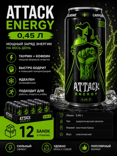 Энергетический напиток ATTACK Energy Classic 0,45 л — 12 банок - 
