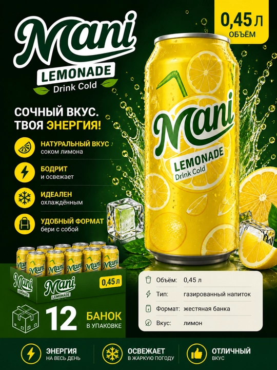 Газированный напиток Mani Lemonade 0,45 л — 12 банок - 