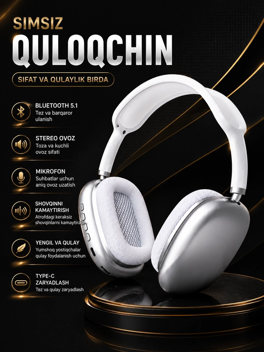 Simsiz Bluetooth quloqchinlar P9, mikrofonli, to'liq o'lchamli
