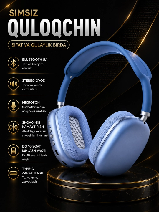 Simsiz Bluetooth quloqchinlar P9, mikrofonli, to'liq o'lchamli