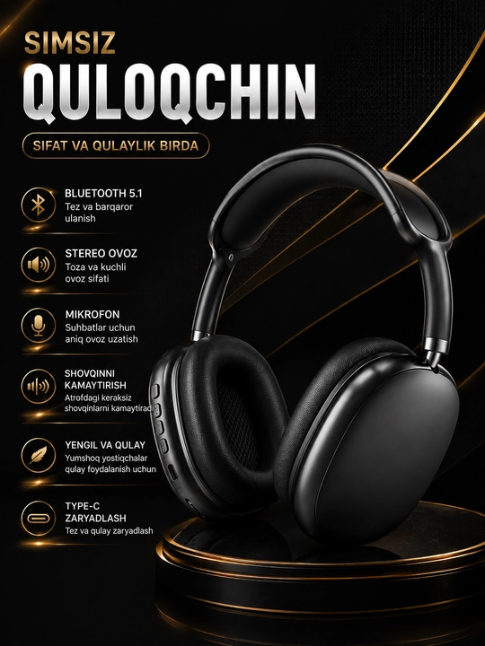 Simsiz Bluetooth quloqchinlar P9, mikrofonli, to'liq o'lchamli