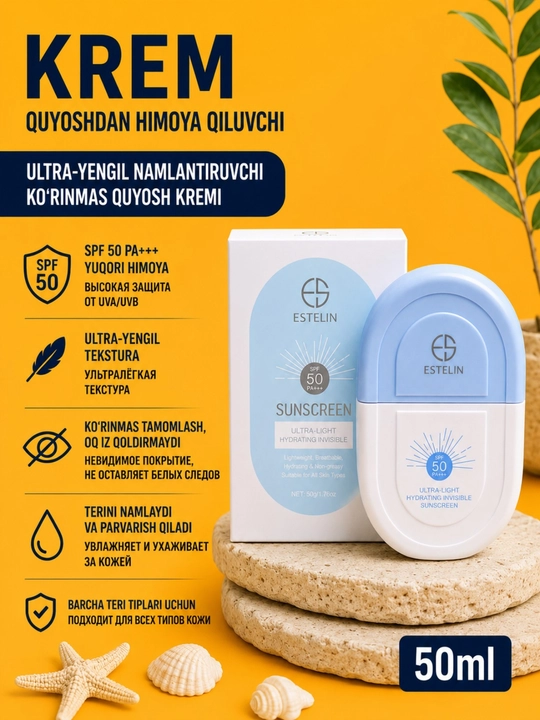 Estelin SPF 50+ PA+++ Quyoshdan saqlovchi namlantiruvchi krem, 50 ml