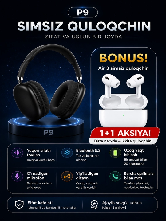 P9 simsiz Bluetooth quloqliklari + Pro 3 bonus quloqliklari