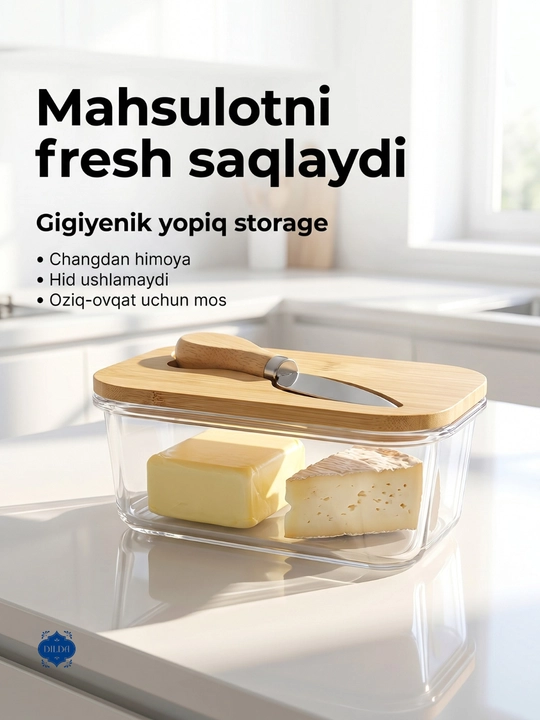 Стеклянная масленка, для сыра, творога, сливочного масла, с крышкой, эстетичный 135х90 мм