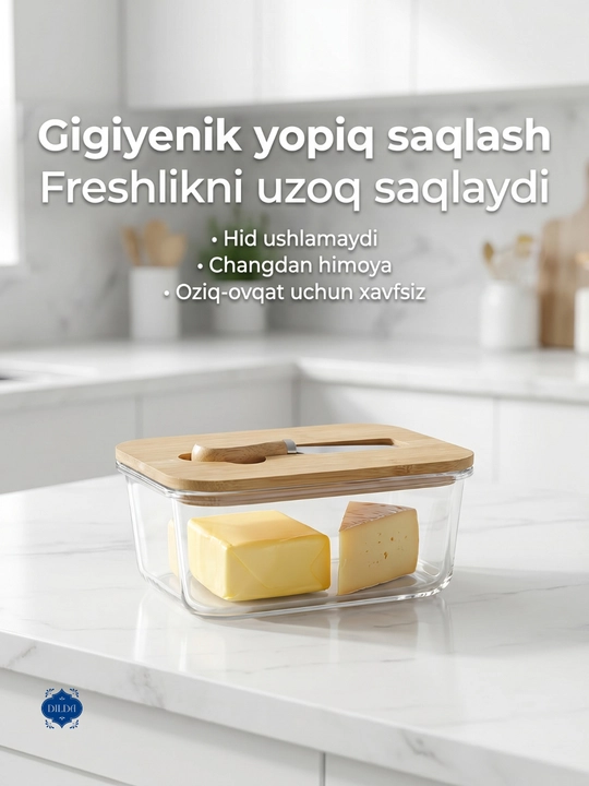 Shishali saryog' idishi , pishloq va tvorog uchun, shisha qopqoq bilan, estetik 135х90 мм